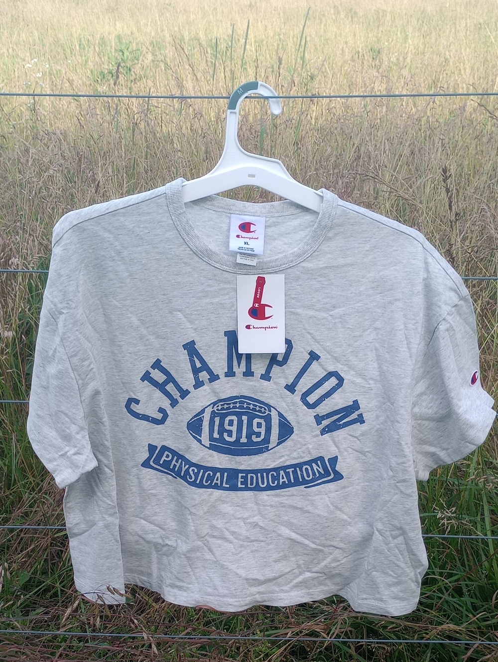 NWT Champion Light Gray Cropped Tee with Blue Champion' Football Graphic